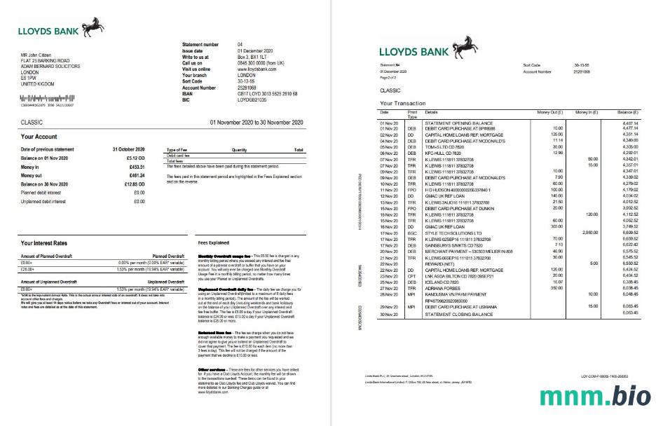 United Kingdom Lloyds Bank statement template in Excel and PDF format (2 stronas)